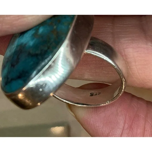 Sterling Silver 925 Turquoise Statement Ring Size‎ 7.5 Oval Stone Band - Picture 2 of 7